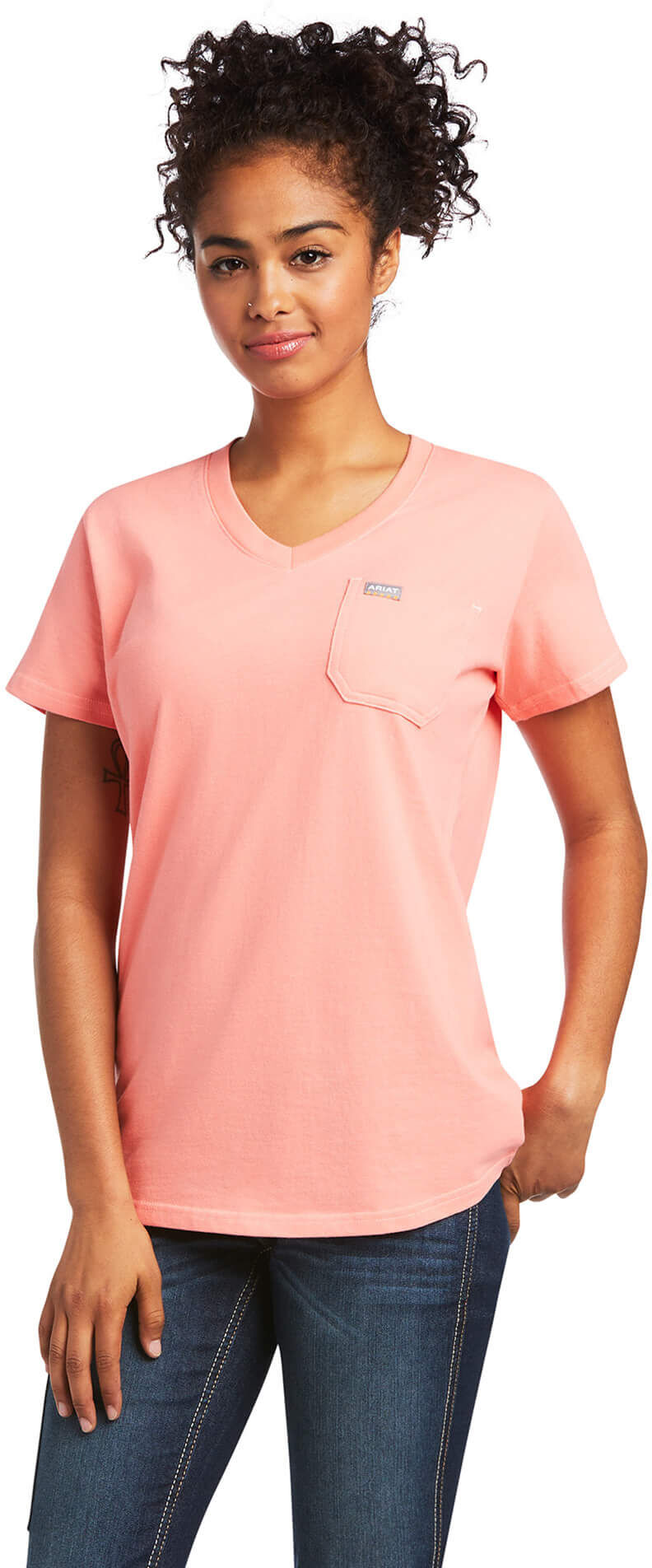 Women's Rebar Cotton Strong V-Neck T-Shirt in Summer Melon, Size: Large by Ariat