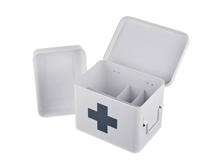 Relaxdays Medizinbox Weiß Grau Metall 4 Fächer entnehmbarer Einsatz Größe M, 21x16x15.5 cm, Freizeit & Co, Wellness & Gesundheit, Gesundheit
