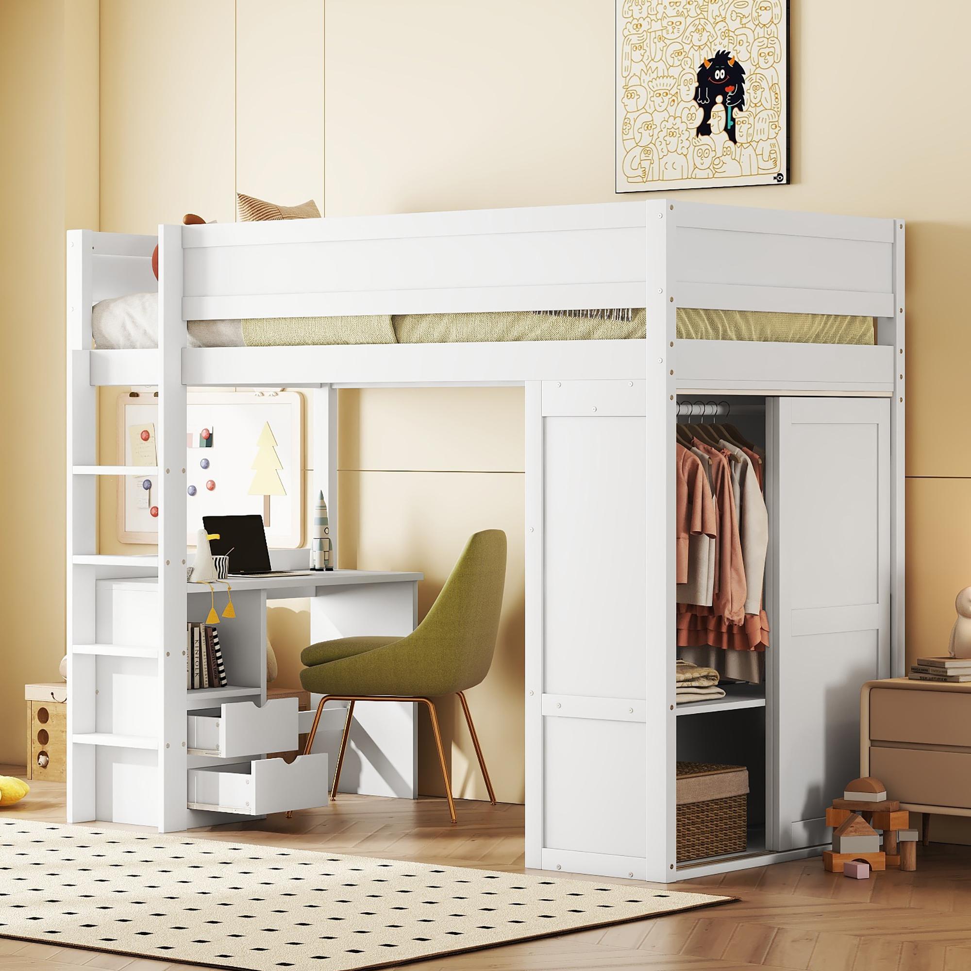 Merax Etagenbett Hochbett 90x200 cm Kinderbett mit Kleiderschrank, Schreibtisch, Schubladen, Offenes Fach, Stockbett, Jugendbett Massivholzbett, Weiß