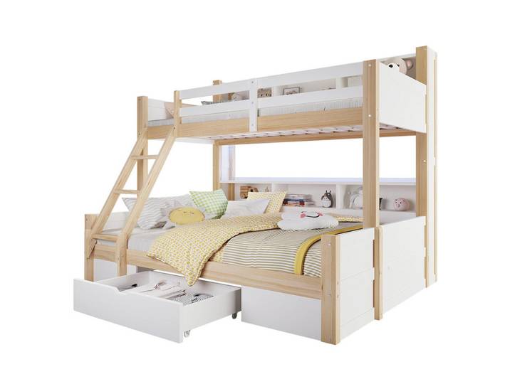 Komhtom Etagenbett 90x200cm+140x200cm, Leiterposition optional, Weiß + Natur, Holz, Mode, 90x200 cm, Babymöbel & Kindermöbel, Kinderzimmer & Jugendzimmer, Stockbetten
