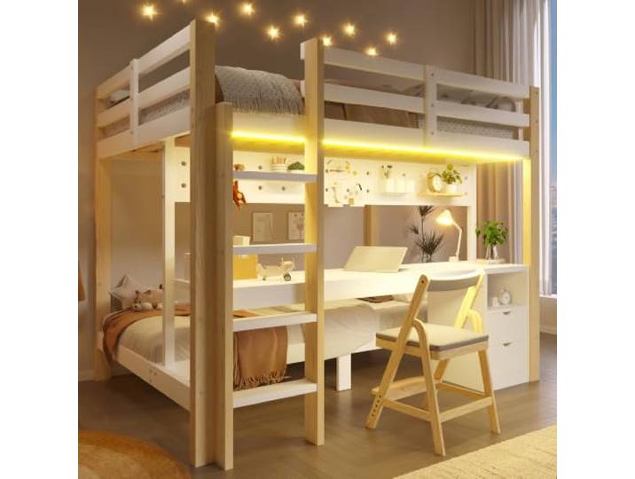 BXEYXE Hochbett, 90x200 cm und 140x200 cm, Kiefernholz, mit Schubladen und Schreibtisch, ausgestattet mit Lochplatten-Hängevorrichtung, inklusive LED-Lichtleiste, ohne Matratze