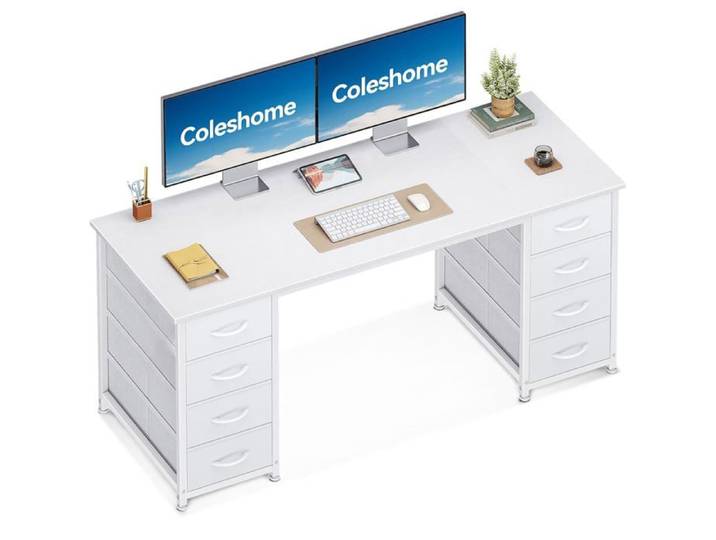 Bureau avec 8 Tiroirs en Tissu - 140 cm Blanc Coiffeuse Modulable avec Rangement Bureau Informatique pour Chambre et Bureau