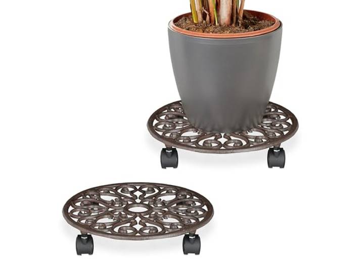 Relaxdays Pflanzenroller, 2er Set, rund, antikes Design, Gusseisen, HxD: 7,5x34 cm, innen & außen, Blumenroller, braun