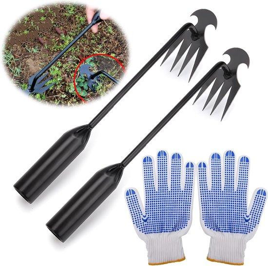 Set van 2 handmatige onkruidstekers van roestvrij staal met handschoenen, zwart