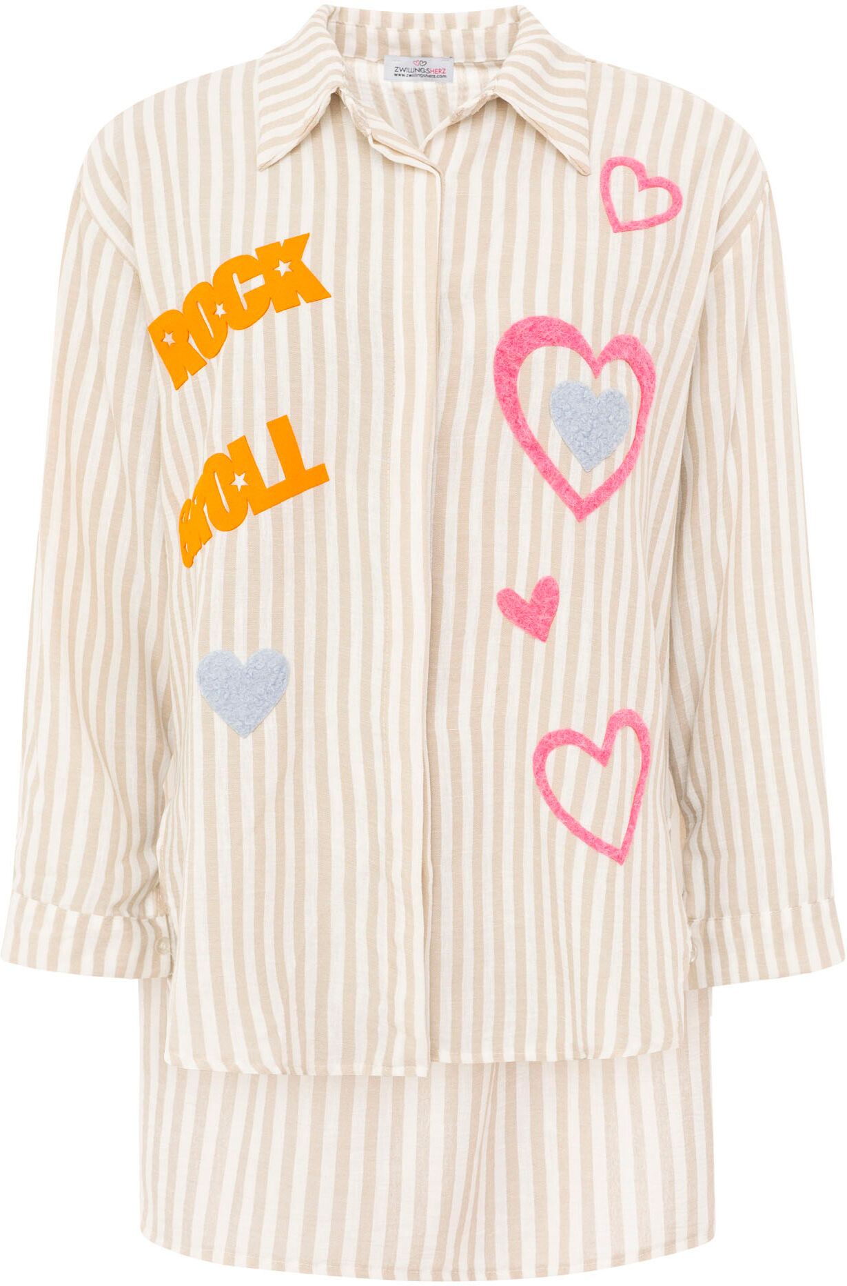 Hemdbluse ZWILLINGSHERZ "Rock n' Roll Patches", Damen, beige, Web, Obermaterial: 100% Baumwolle, gestreift, mehrfarbig, oversize Po-bedeckend, ohne Ausschnitt, mit Knopf 1-Knopf-Manschette, Blusen Hemdbluse, gestreift, länger geschnitten, auffallende Tedd