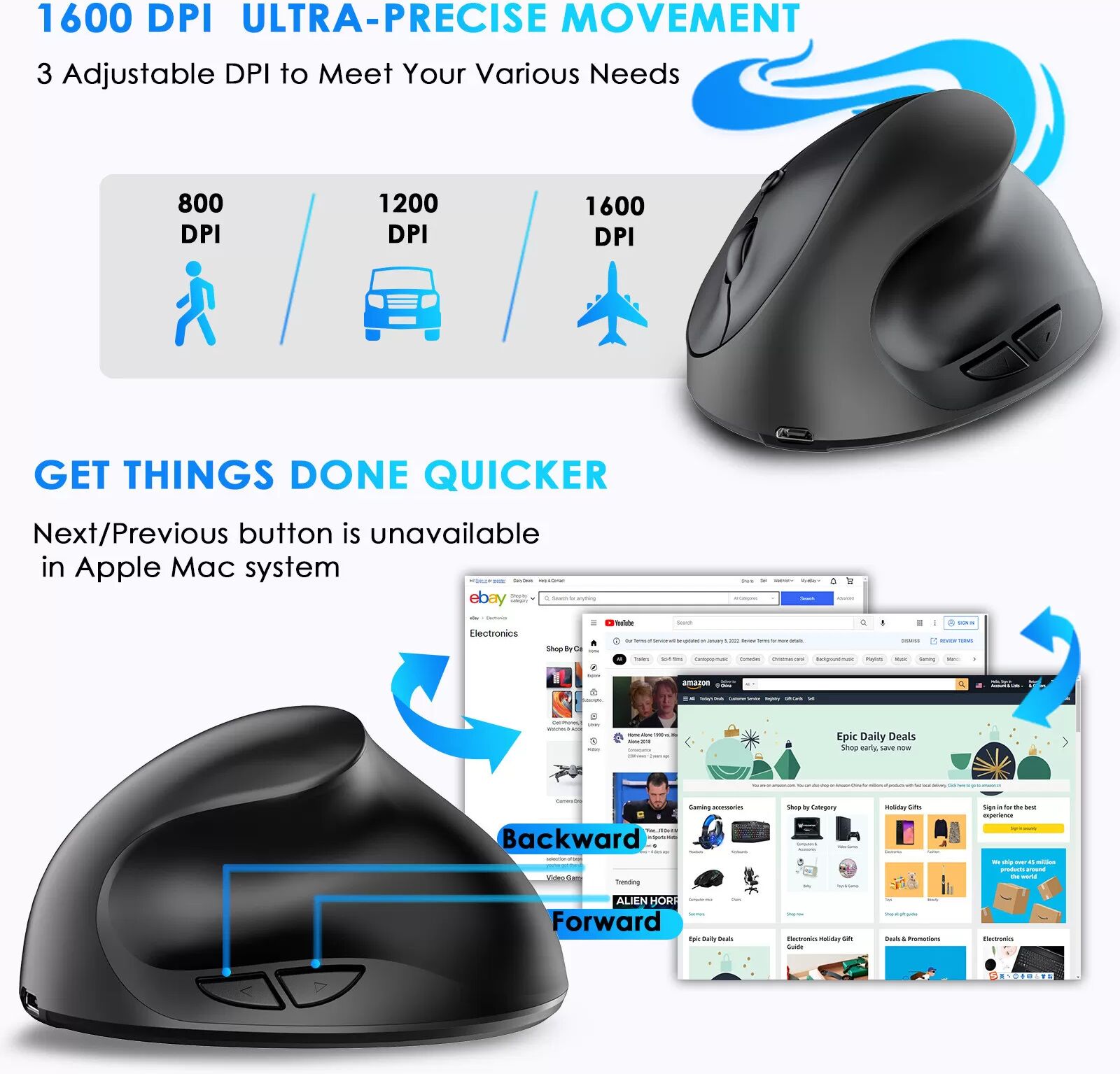 INF Ergonomische vertikale Maus mit Dual-Mode-Type-C-Aufladung Schwarz