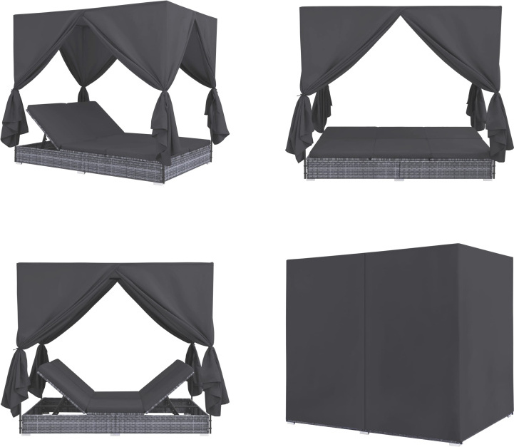 vidaXL Outdoor Lounge Bett mit Vorhängen Poly Rattan Grau - Sonnenliege - Sonnenliegen - Liegestuhl - Liegestühle