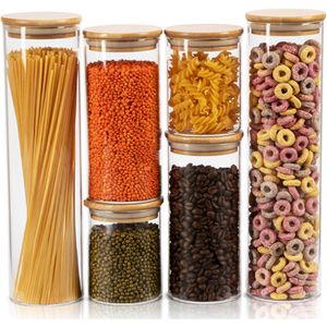 Clidor Vorratsglas mit Bambusdeckel, 0,4 / 0,7 / 1,2 Liter, rund, luftdicht, Set, 6-teilig