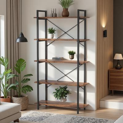 ZWYO HOSIMU "31.52"" Particle Board Metal 5-Tier Open Display Shelf with Reinforced Crossbar, Wall Attachment & Industrial Design"