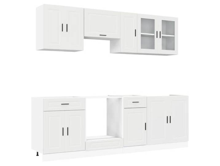 Favemtsl 8-TLG Küchenschrank-Set Porto Weiß Holzwerkstoff Küchenzeile Vielseitige Einbauküche für Ihre Küche mit verstellbaren Füßen, Glasvitrine und viel Stauraum für Töpfe und Geschirr.