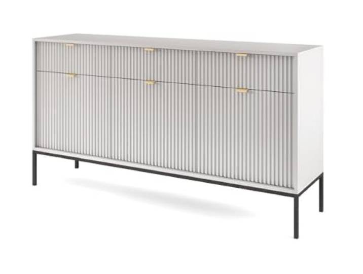 Emporius Sideboard mit Schubladen Galla - Dreitürige Sideboard 150 cm, Wohnzimmer - Gold Griffen, geriffelten Fronten - Grau