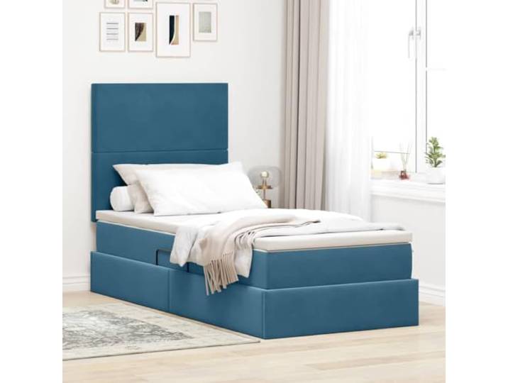 Samt Stauraumbett mit LED Beleuchtung modern Dunkelblau 90 x 190 cm Bett mit Stauraum und LED Dunkelblau 90 x 190 cm Samt mit Matratze Lattenrost RGB Licht Hydraulik Kopfteil