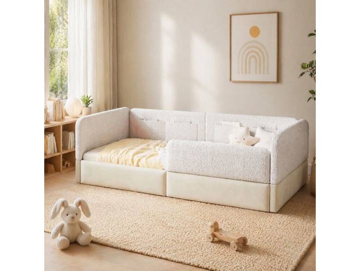 ULEVR lit plateforme rembourré 90 x 200 cm avec garde-corps 4 poches de rangement et sommier à lattes blanc