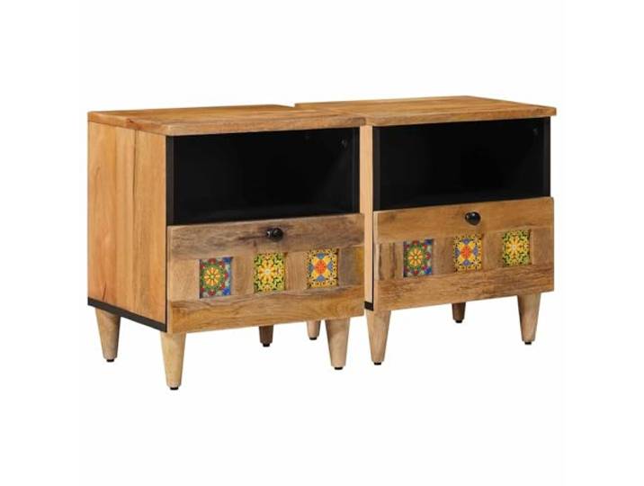 GHVBNMF Nachttisch 2er Set Massivholz Mango 40x33x46 cm Natur Kompakte Nachtschränke aus Echtholz mit 2 Schubladen für Ihr Schlafzimmer, schaffen Ordnung neben dem Bett.