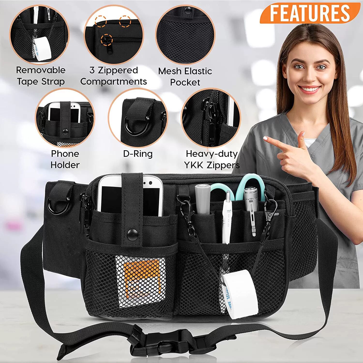 INF Sac Organisateur Médical - Compact & Ajustable Sac de Ceinture Le noir