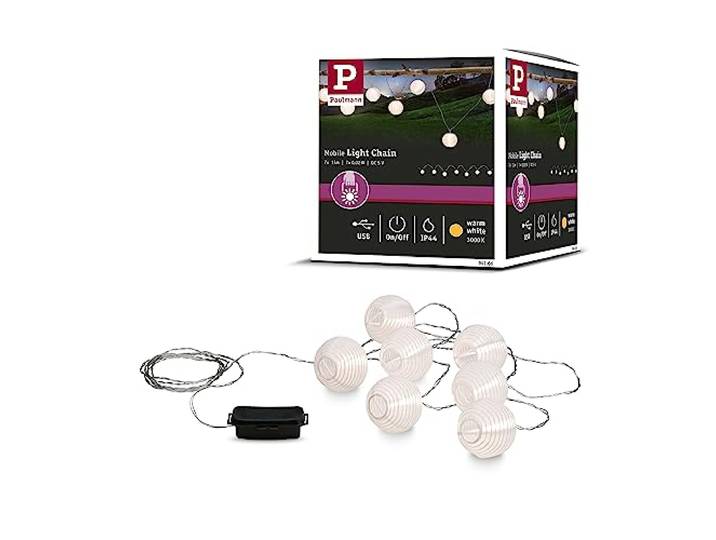 Paulmann 94166 LED Akkuleuchte Outdoor Lichterkette 7er Mobile Lampion incl. 7x0,02 Watt IP44 Mobiles Licht Weiß Akkulampe Kunststoff Kabellos 3000 K