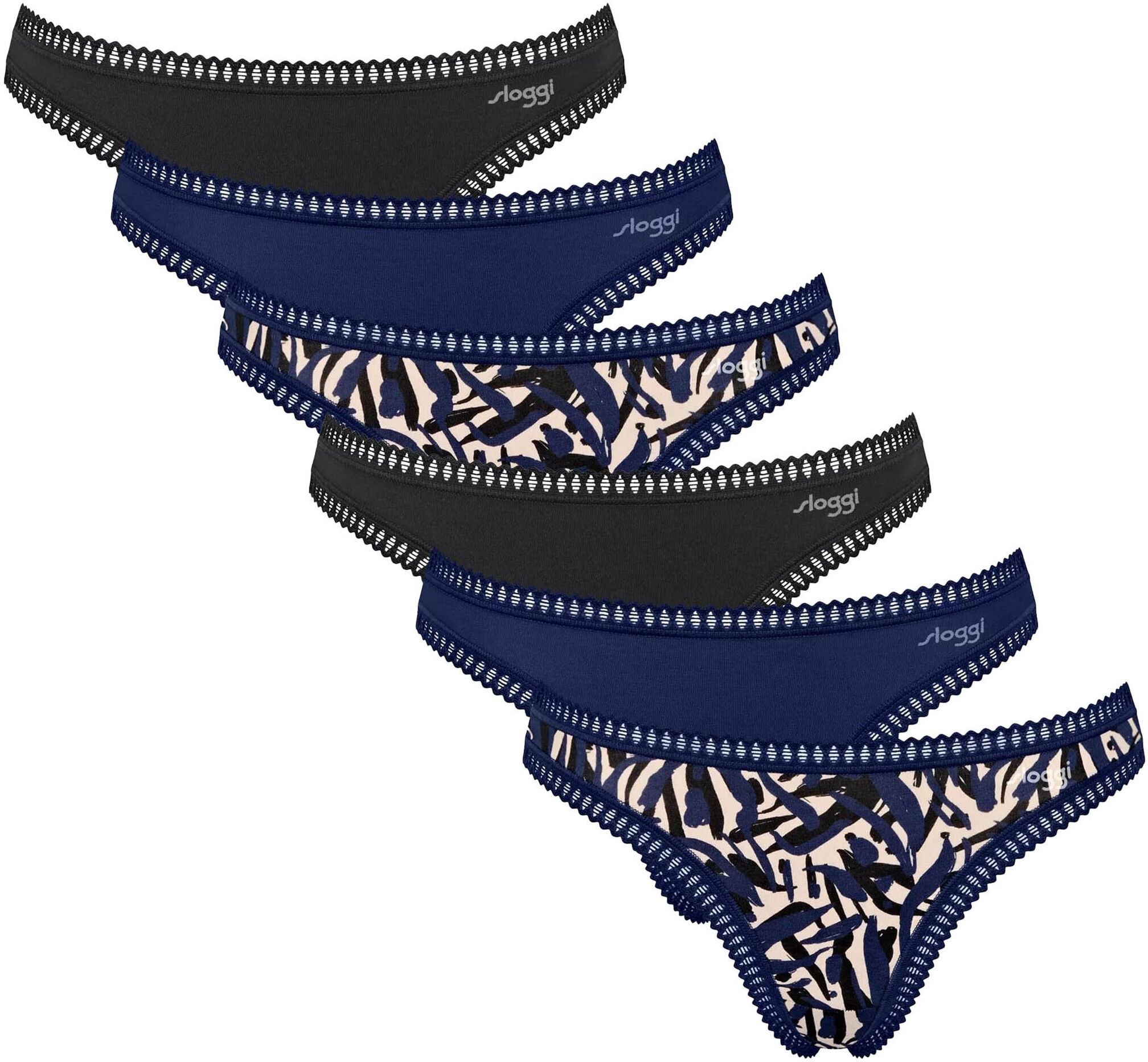 String SLOGGI "String GO Crush String C6P 6er Pack", Damen, Gr. XXL, blau, Obermaterial: 95% Baumwolle CO. 5% Elasthan EL., Unterhosen String