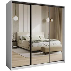 SCHWEBETÜRENSCHRANK RIEN 180/205/60 cm 3-türig mit Spiegel und Schubladen Weiß