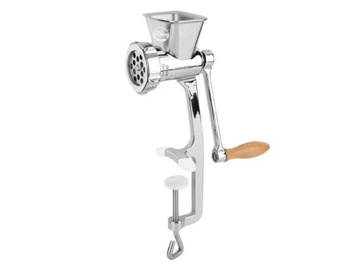 Kitchen Professionals Handfleischwolf aus hochwertigem Edelstahl mit 4 Lochscheiben, Spritzgebäckvorsatz & Wurstfüllrohr, ideal für Fleisch und Gemüse