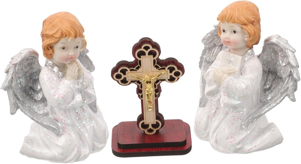 Engel Beeldje Set met Kruis voor Huisdecoratie, Hoogte: 11 cm