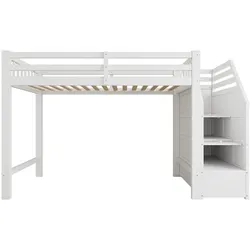 MODFU Hochbett Kiefernholz/MDF Weiß 90x200 cm mit Lattenrost, Geländer und Aufbewahrungsleiter
