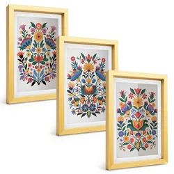 BILDER SET 3er Set - 20x30 cm Goldrahmen - Blumenmuster in intensiven Farben