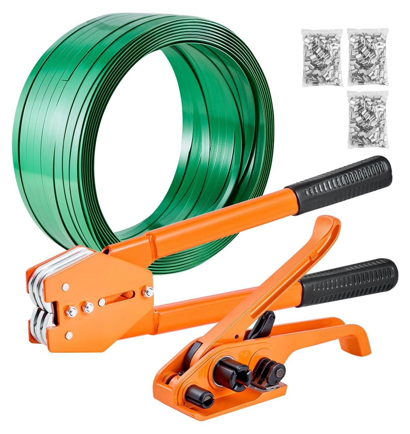 VEVOR Bundelbandset met handmatige bundelbandmachine, 305 meter PET-bundelband en 300 metalen afsluitingen, Oranje