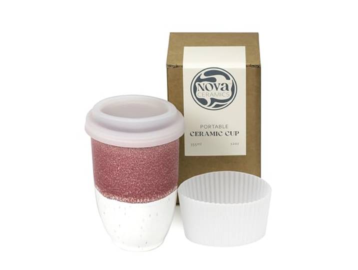NOVA CERAMICS Mikrowellengeeigneter Kaffeebecher mit Deckel, Keramik-Kaffeebecher, tragbare Kaffeetasse, einzigartige To-Go-Tasse, Keramiktasse mit Deckel, mikrowellengeeignet, rosa und weiß, koralle