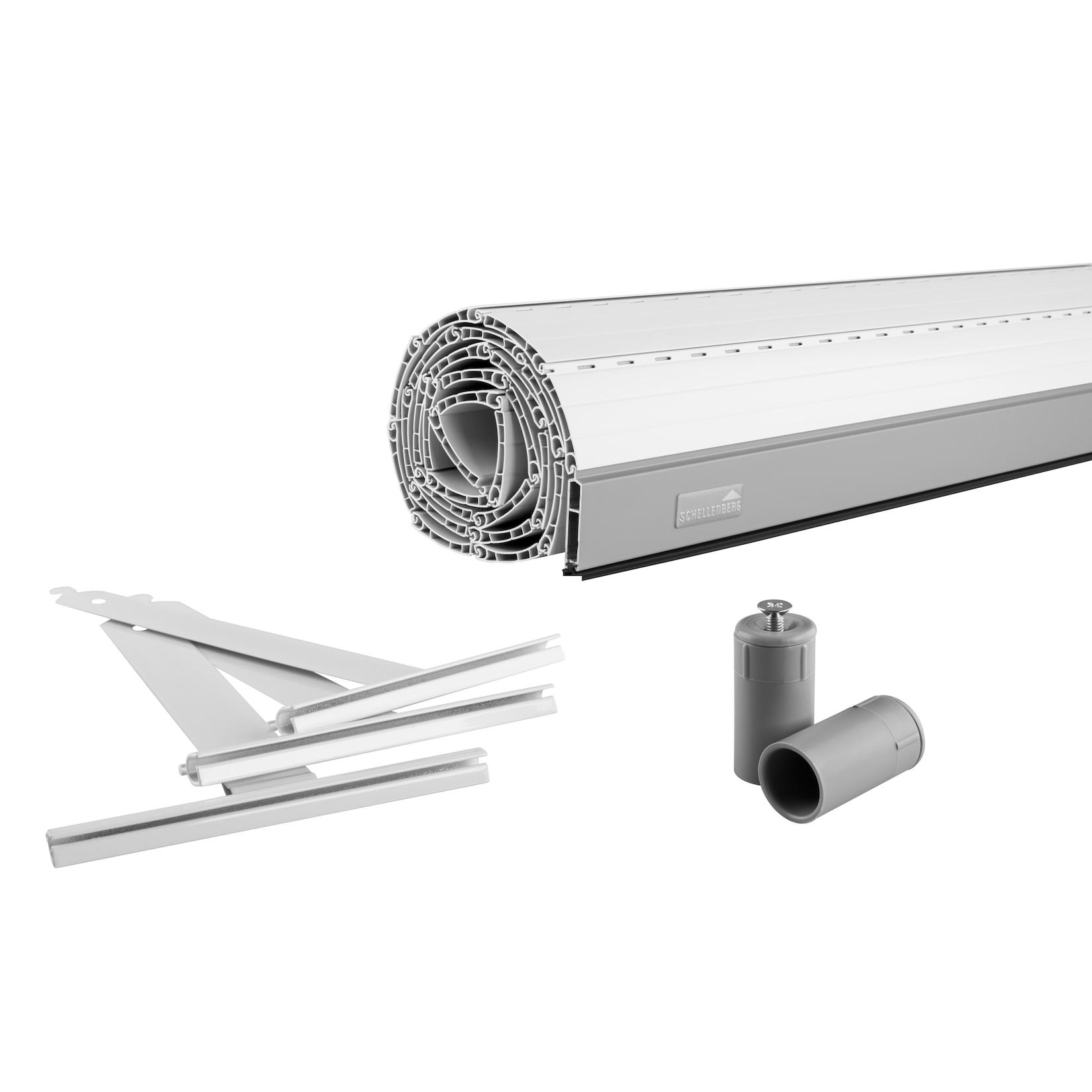 Schellenberg Rolladenpanzer Set PVC Maxi, 120 x 140 cm, für 60 mm Stahlrohrwellen, inkusive Rolladen Aufhängefeder, Alu-Endleiste, Rolladenstopper, weiß