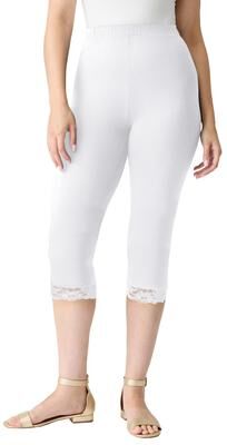 Plus Size Women's Lace Trim Essential Stretch Capri Legging by Roaman's in White (Size 5X) Activewear Workout Yoga Pants