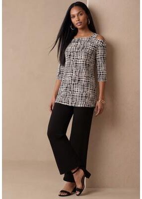Plus Size Women's Cold Shoulder Top by The London Collection in Black White Weave (Size 1X)