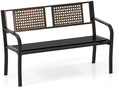 Costway 50 Inch Outdoor Metal Garden Bench with Rattan-Like Backrest for 2-3 People-Black