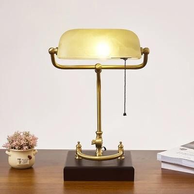 Uplifted Finds Classical Retro Vintage Metal Wood Banker Table Lamp E27 LED Green Glass Shade For Bedside Study Reading copper A1