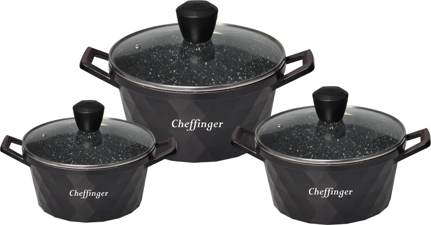 Cheffinger Diamant 6-delige pannenset met marmerlook, zwart, aluminium met gietijzeren bodem, inductiegeschikt