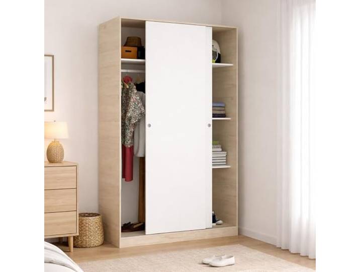 Dmora - Kleiderschrank 2 Türen Denali, Kleiderbügel für Schlafzimmer, Schiebetürenschrank, 120x50h204 cm, Weiß und Eiche