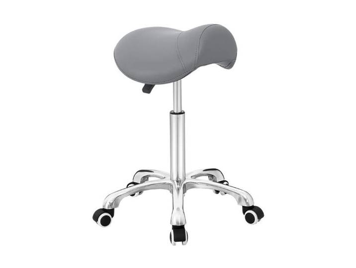 Tabouret selle cheval ergonomique roulettes hauteur réglable 52-72 cm base acier charge 150 kg pivotant assise rembourrée gris