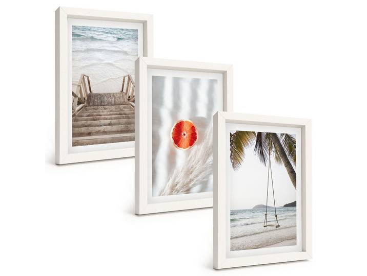 BILDER SET 3er Set - 20x30 cm Weißer Rahmen - Strandtreppe aus Holz, Urlaub