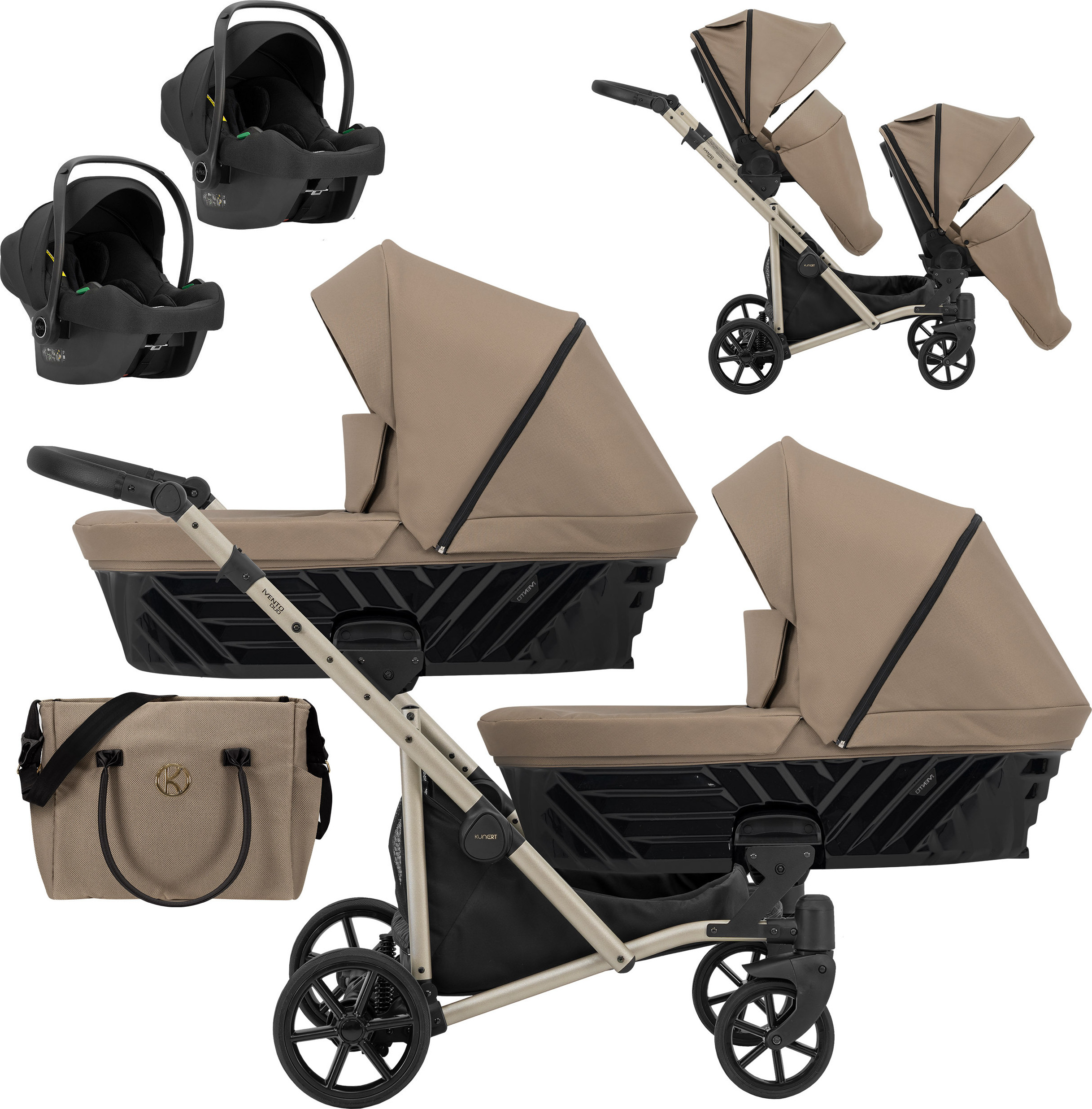 Kunert Ivento Duo 3in1 Zwillingswagen - Champagnerfarbene Rahmen - Farbe: Caramel Macchiato