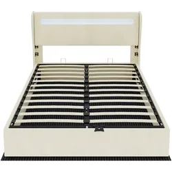 OKWISH Polsterbett Stoff und Metall Beige 200x160 cm mit verstellbarer Rückenlehne und LED-Beleuchtung