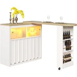 MODFU Ausziehbarer Bartisch 100x205x39 cm Weiß mit Rollen und Stauraum, Schiebetür aus Glas, App LED-Beleuchtung und USB-Anschluss, modern