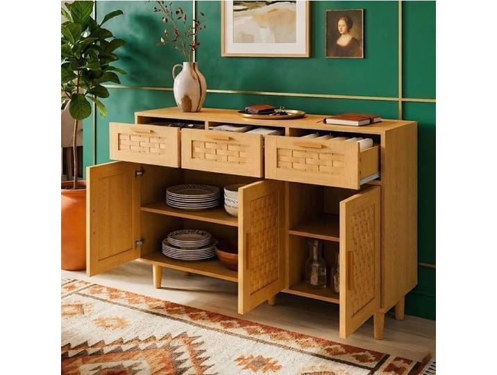 Buffet de Rangement 108x40x80cm - Rangement Optimisé - Style Naturel - PVC Rotin/Chêne
