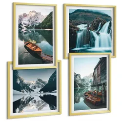 BILDER SET 4er Set - 50x50 cm & 40x60 cm Goldrahmen - Spiegelung der Boote auf Bergseen