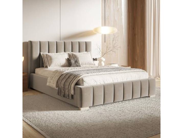 MOTIVENA Vigo Bett 140x200 Beige Samt, mit Stauraum, mit Kopfteil, mit Lattenrost, mit Füßen, ohne Matratze, Polsterbett 140x200 mit Bettkasten Beige