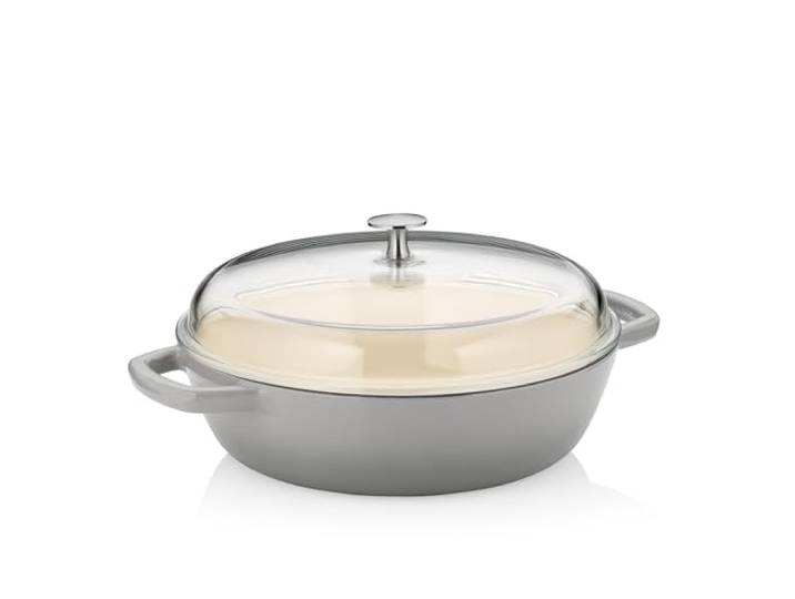 kela Schmorpfanne hoher Rand, 28 cm, Calido, Glasdeckel, Induktion, grau Gusseisen emailliert, Schmorpfanne mit Glasdeckel, Braten + Schmoren in einem, massive Wärmespeicherung, großes Volumen 3,8l