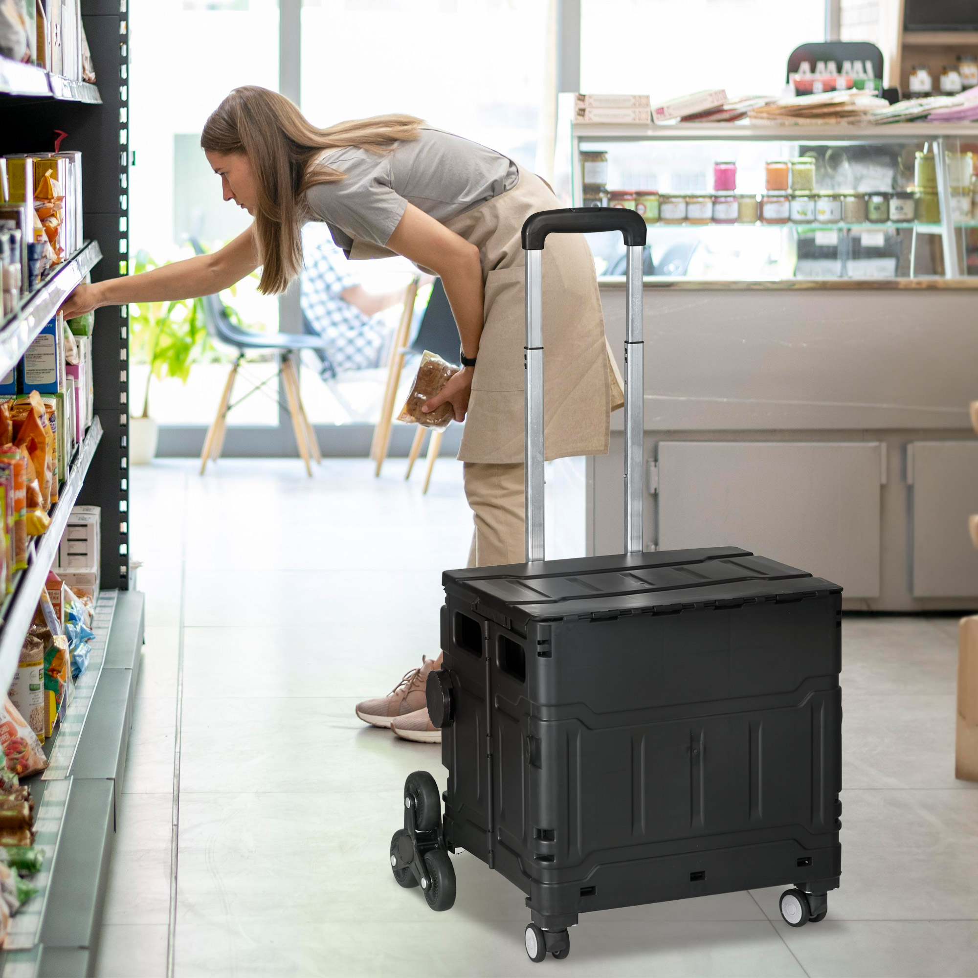 Homcom Carrello della spesa Trolley per la spesa, saliscale, pieghevole, manico telescopico, portata max. 65 kg, Nero   Aosom Italy