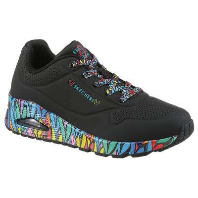 Sneaker SKECHERS "UNO", Damen, Gr. 35, Textil, bunt (schwarz, bunt), Lederimitat, kontrastfarbene Details, Schuhe Sneaker, Plateausneaker, Schnürschuh mit Keilabsatz