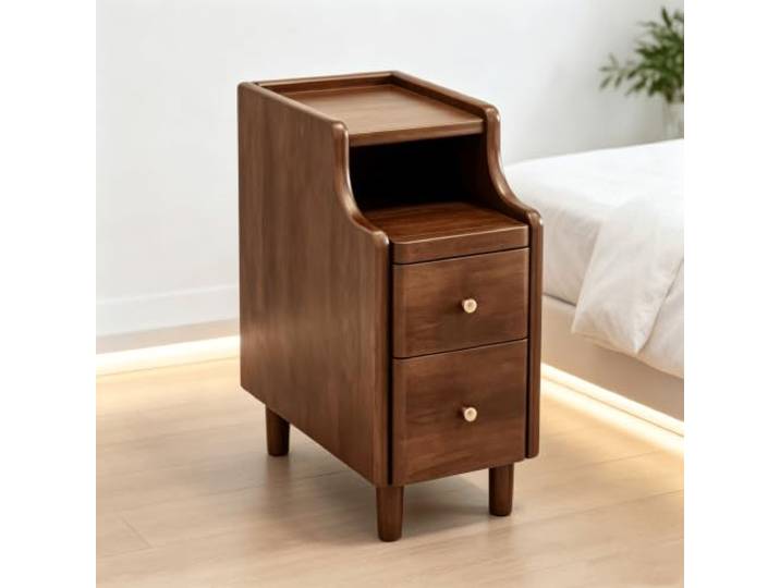 kumamart Schmaler Nachttisch Massivholz, Nachtschrank mit Schubladen Schmaler Nachtschrank mit Tablett-Ablage, abgerundeten Kanten und Massivholzbeinen.(Walnut,9.84in)