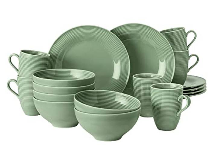 Seltmann Weiden Beat Color Glaze Frühstücksservice 18-teilig – Henkelbecher, Müslischalen und Frühstücksteller für 6 Personen – Porzellangeschirr mit Rillenrelief, Spülmaschinenfest – Salbeigrün
