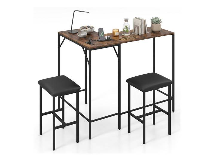 COSTWAY Bartisch mit Hocker 2er Set, Steckdose, Esstisch Set mit 2 Stühlen