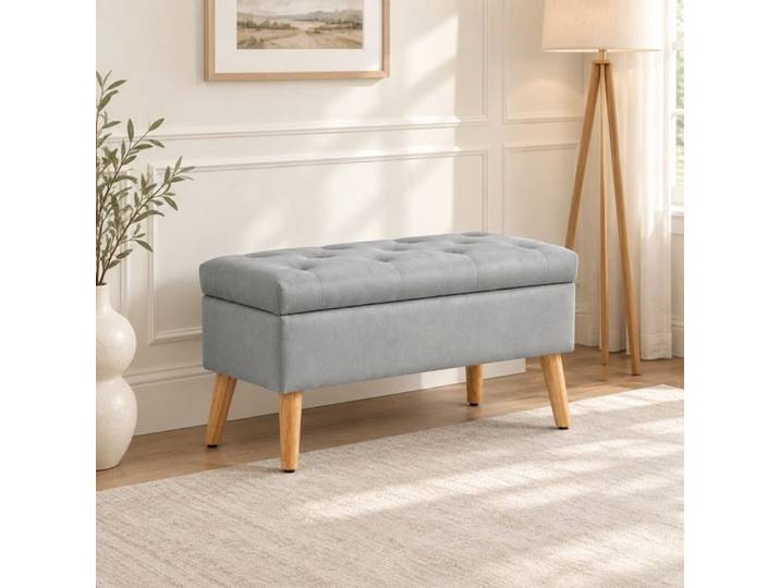ROVRYN Banquette de rangement 80 x 35 x 40 cm grise assise capitonnée aspect velours pieds en bois d'hévéa